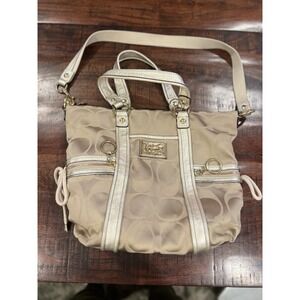 Coach Poppy Jacquard Signature C Beige Gold Leather Trim Shoulder Crossbody Bag
